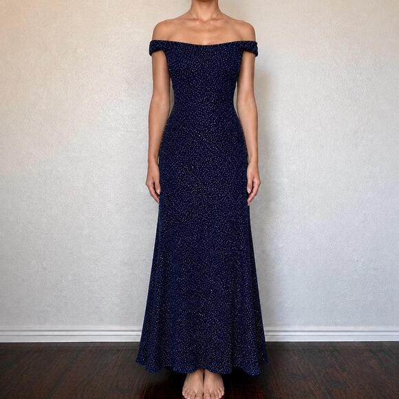 Gunne Sax Dresses & Skirts - RARE Vintage Gunne Sax Navy Glitter Off Shoulder Maxi Gown Sz S